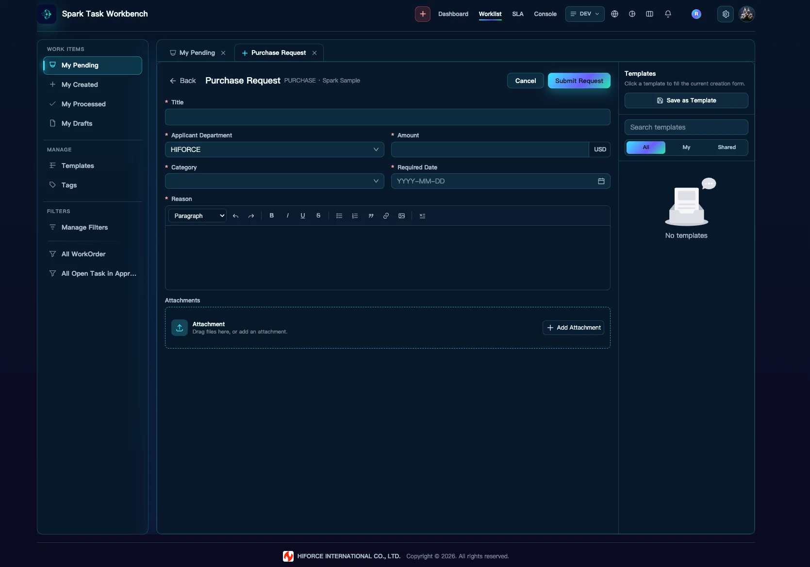 SparkForce Runtime: a purchase-request workflow from the product documentation.